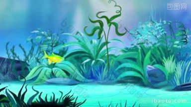 一只小小的黄绿色水族鱼漂浮在水族馆手工制作的动画中